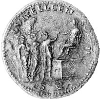 Roman coin commissioned by Aulus Vitellius during his second censorship. The coin depicts his father, Lucius Vitellius.