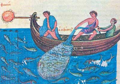 A Late Byzantine image showing fire fishing with a basket and net.