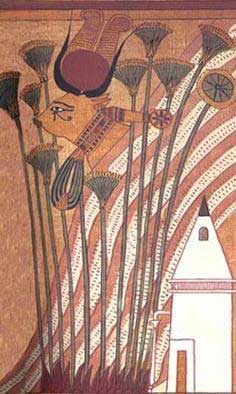 Horus’ mother Hathor stands among the papyrus stalking, showing her sacred Eye of Horus, as depicted on the Papyrus of Ani. Horus’ mother Hathor stands among the papyrus stalking, showing her sacred Eye of Horus, as depicted on the Papyrus of Ani.