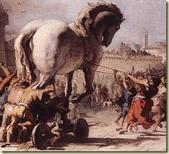 A depiction of the Trojan Horse being wheeled inside the city
