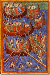 This image shows Vikings in their longships