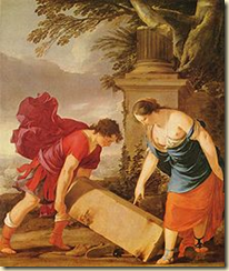 A painting showing the Greek hero Theseus and his mother, Aethra