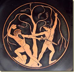 This piece of pottery shows the encounter between Theseus and Sinis